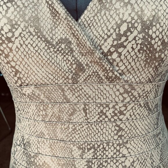EXPRESS Sleeveless BodyCon Dress Snakeskin Print Large Dark Taupe V-Neck Stretch - Picture 9 of 16